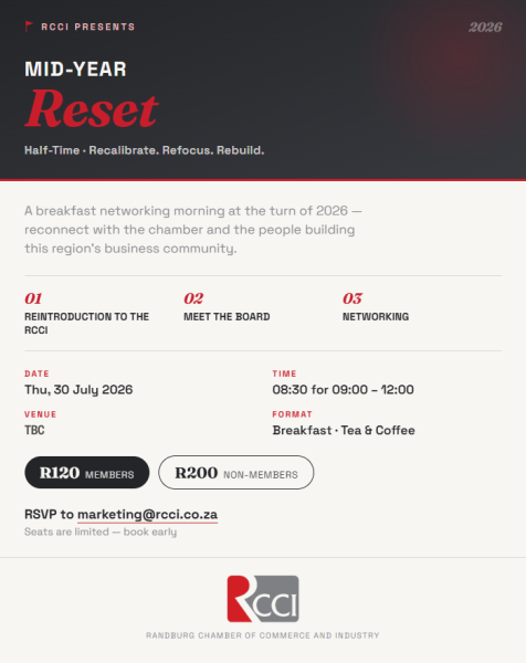 Event flyer for RCCI's Mid-Year Reset, a breakfast networking morning on Thursday, 30 July 2026 from 08:30 for 09:00 to 12:00. Venue TBC. Agenda covers a reintroduction to the RCCI, meeting the board, and networking. Tickets are R120 for members and R200 for non-members. RSVP to marketing@rcci.co.za. Includes the RCCI logo at the bottom.