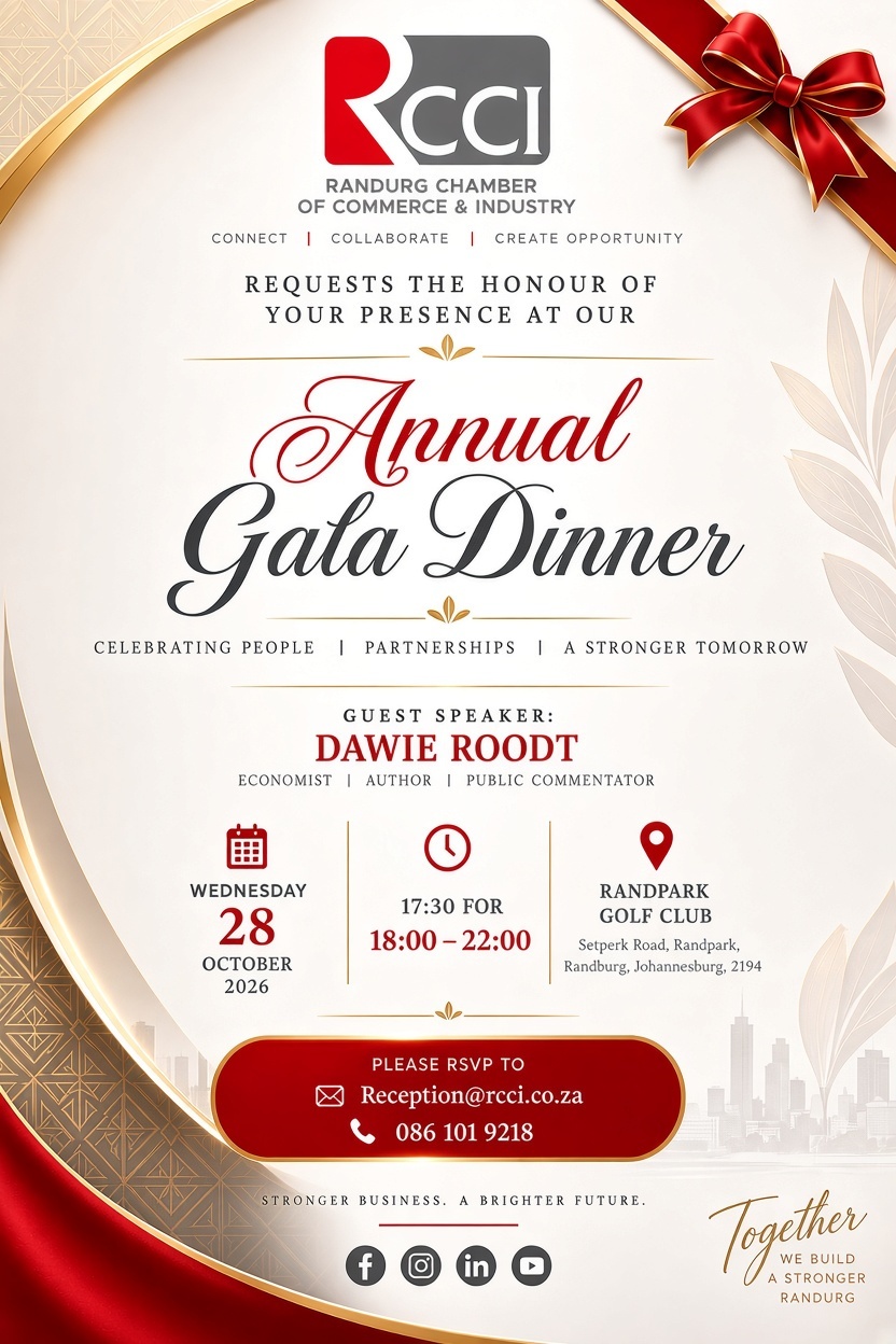 RCCI Annual Gala Dinner invitation. Guest speaker Dawie Roodt. Wednesday 28 October, 17:30 for 18:00 to 22:00, Randpark Golf Club.