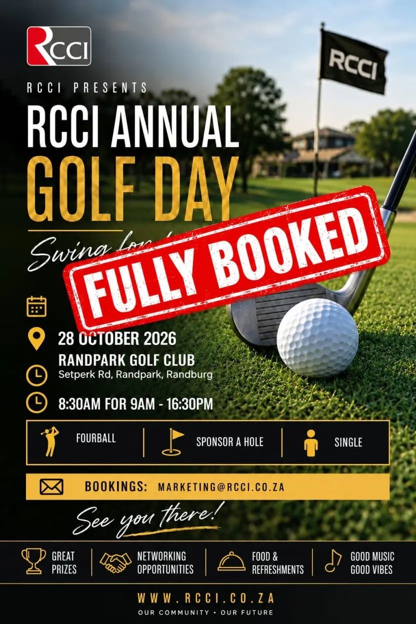 RCCI Annual Golf Day poster, 28 October 2026 at Randpark Golf Club. Marked fully booked.