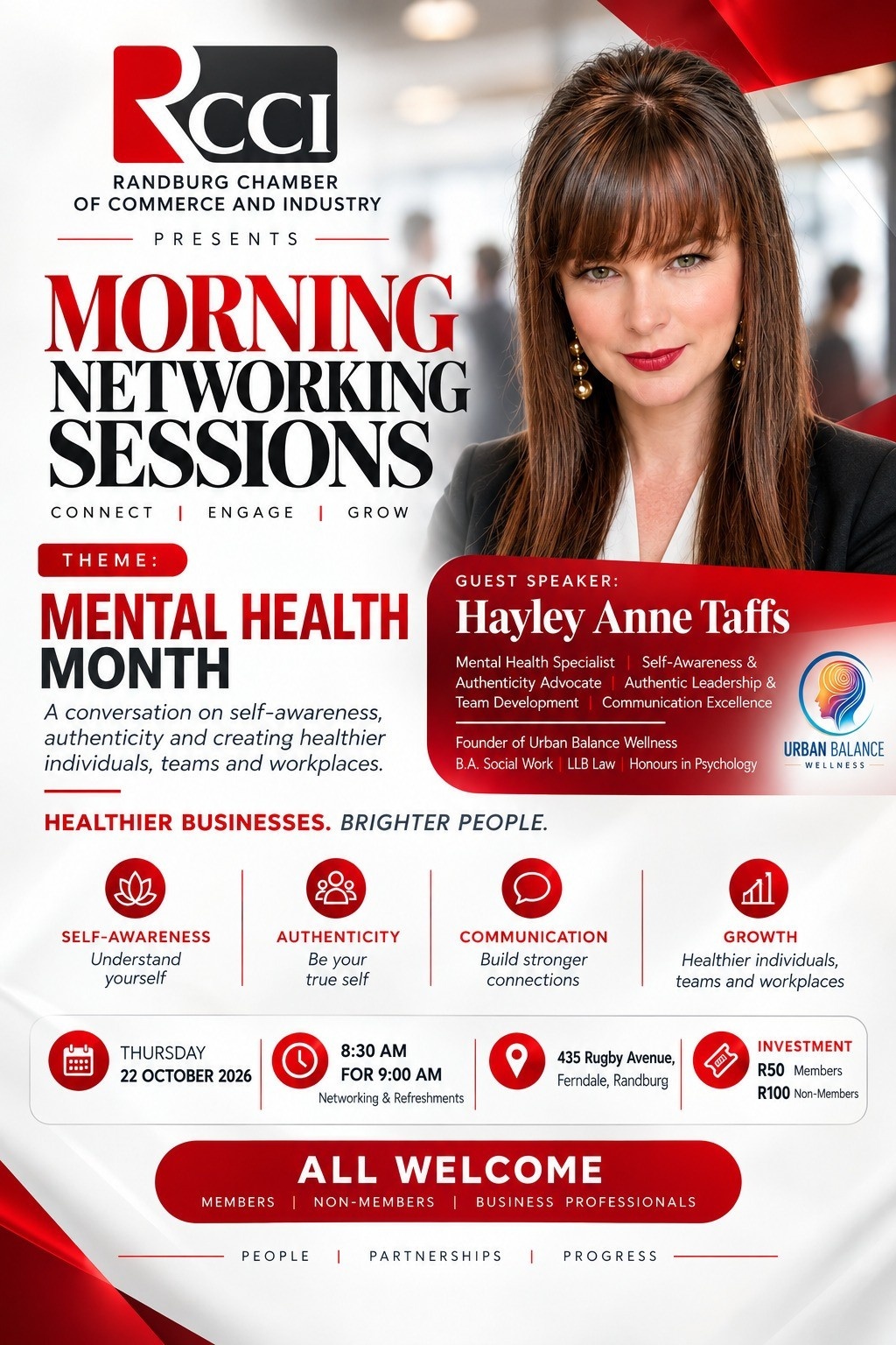 RCCI Morning Networking Session poster: Mental Health Month, with guest speaker Hayley Anne Taffs. Thursday 22 October 2026, 08h30 for 09h00, 435 Rugby Avenue, Ferndale, Randburg. Members R50, non-members R100.